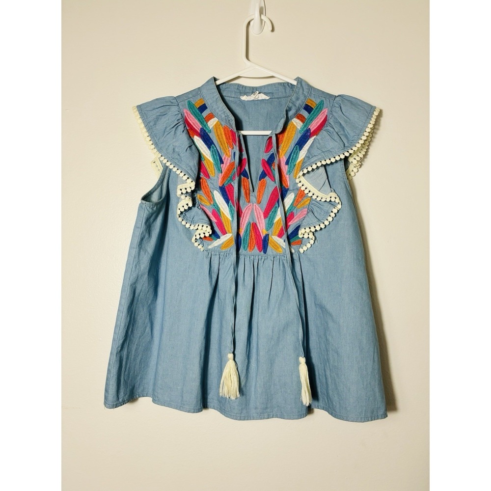 THML Chambray Embroidered Ruffle Top Sz Small 100% Cotton Boho